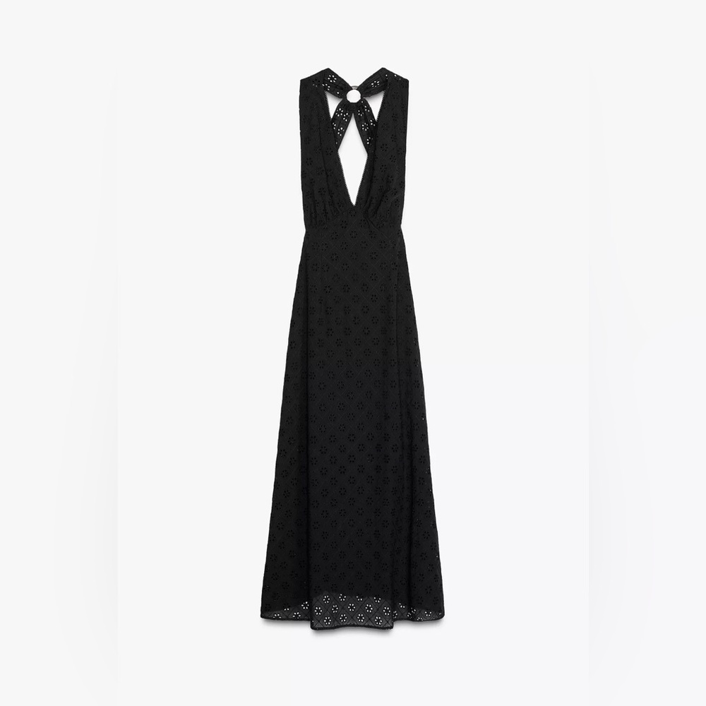 NWT Zara Black CUTWORK EMBROIDERY DRESS - Eyelet and Open Back, V Neck Sz Med - Picture 5 of 11